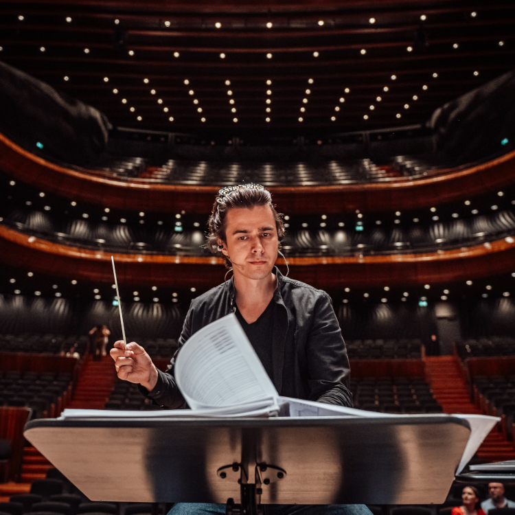 arranger, conductor Patryk Sikora during rehearsal with Polish National Radio Symphony Orchestra in Katowice