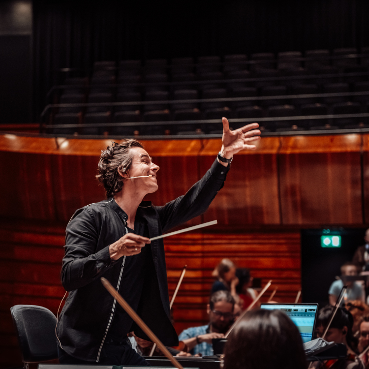 composer and conductor Patryk Sikora during rehearsal with Polish National Radio Symphony Orchestra in Katowice